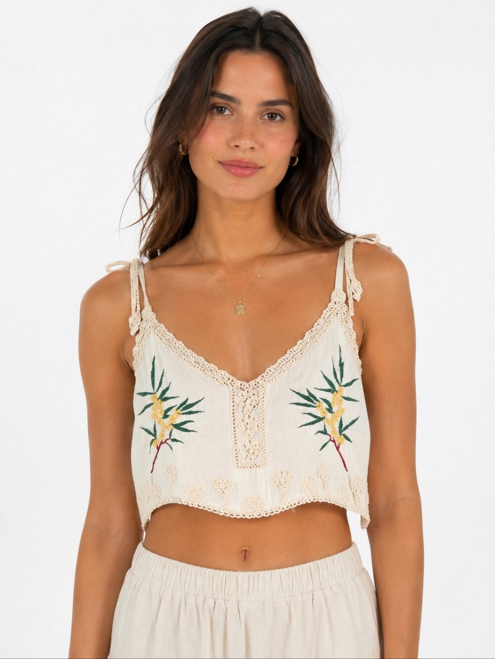 POL Embroidered Crochet Crop Cami Top Boho Ivory One Size NWOT